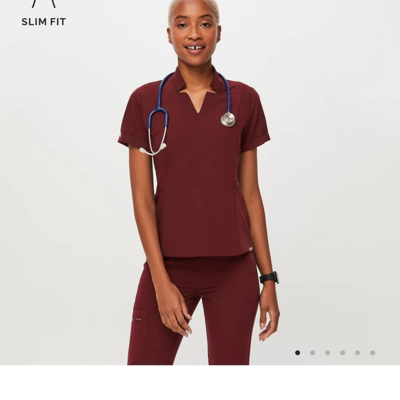 Figs Tops - XXS Figs Inala Slim Scrub Top, burgundy